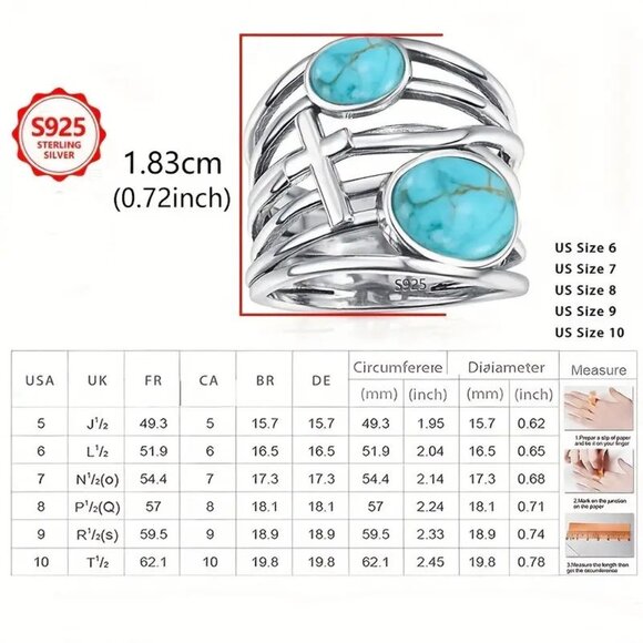 Size 8 Sterling SIlver Turquoise Ring Gemstone with Cross - Picture 4 of 5